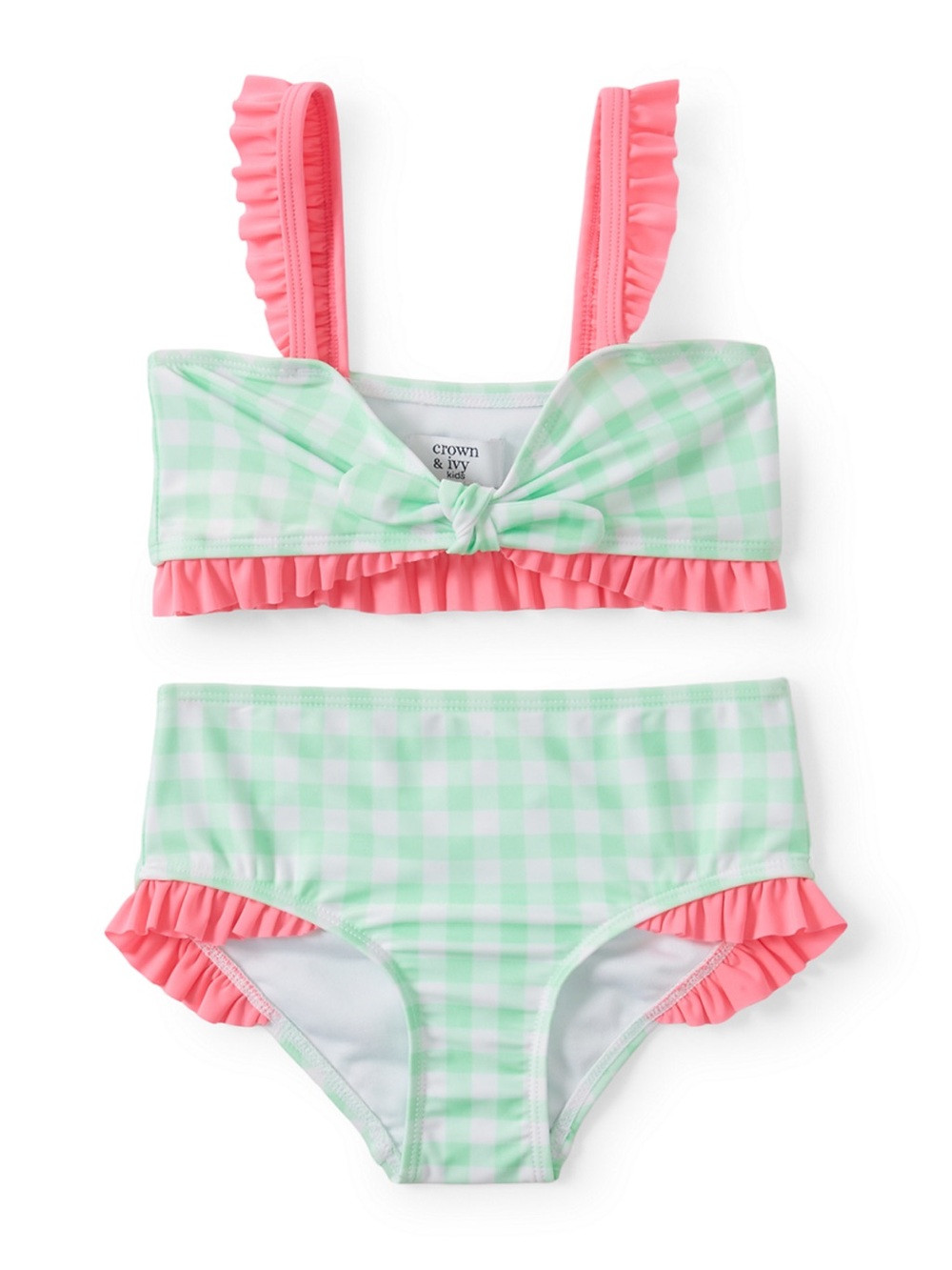crown & ivy Girls Mint Gingham 2 piece swim with Pink Ruffles